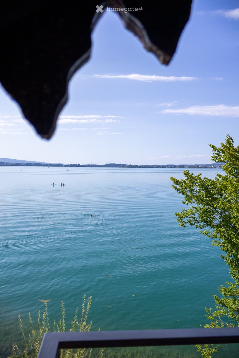 View from a balcony overlooking a large lake with people kayaking and swimming, surrounded by greenery and distant hills.