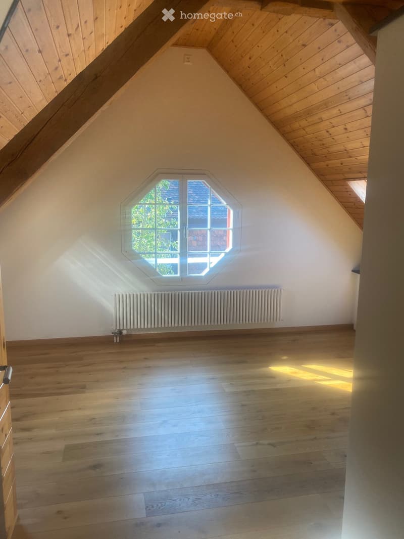 Empty attic room with wooden floors, white walls, and a skylight window letting in natural light.