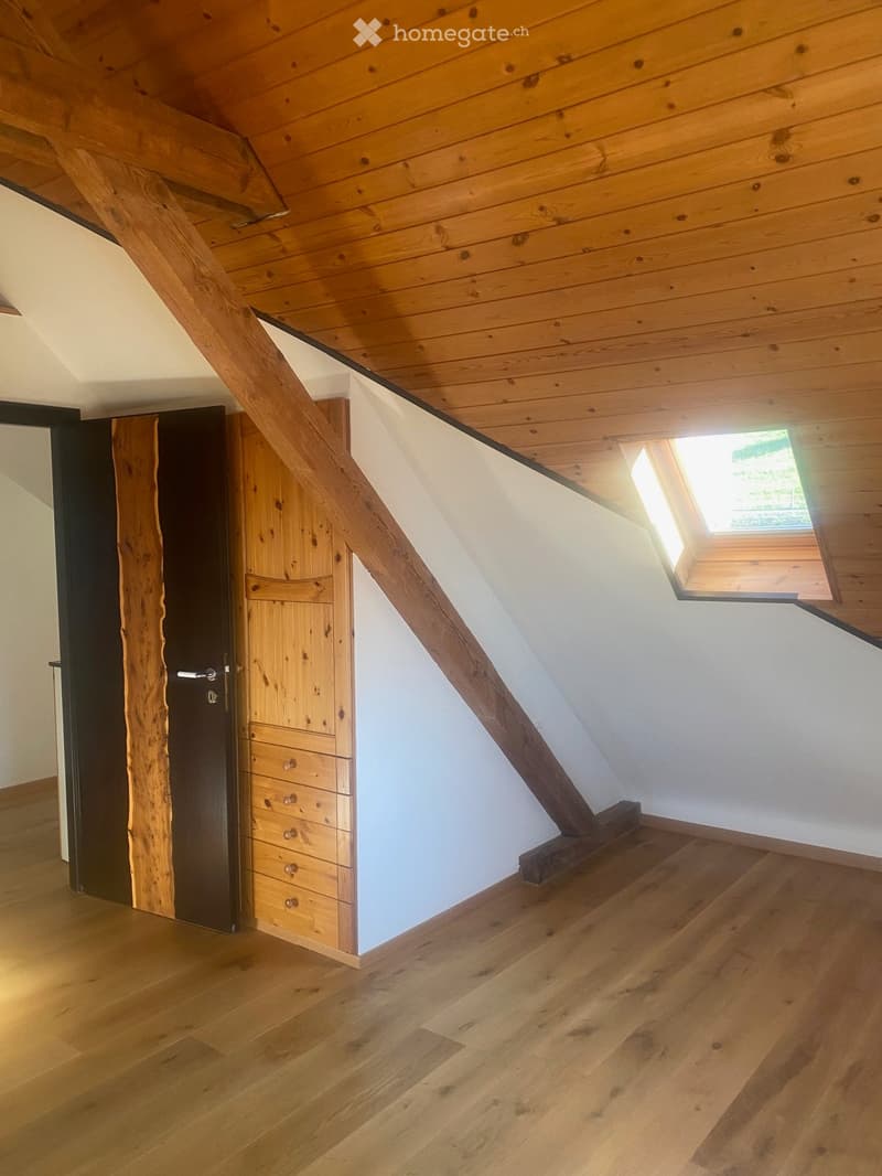 An attic hallway with wooden floors, exposed wooden beams, and a skylight window letting in natural light. Features a wooden door and a built-in wooden cabinet with drawers.