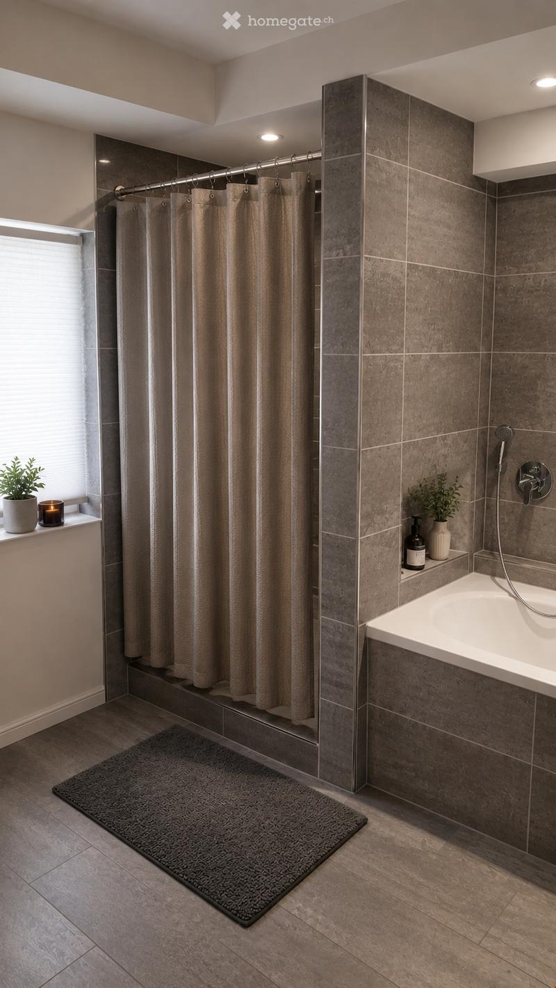 Modern bathroom with a bathtub, shower curtain, and a small plant on the windowsill. The walls are tiled in a dark gray color, and the floor is made of wood.