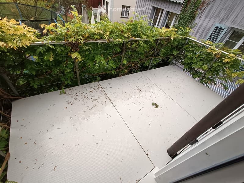 Balcony covered with plants, metal railing, concrete floor, raised ground floor