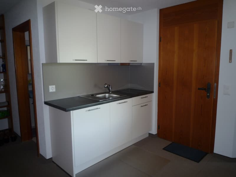 modern kitchen with white cabinets, black countertops, stainless steel sink, faucet, power outlet, and a wooden door