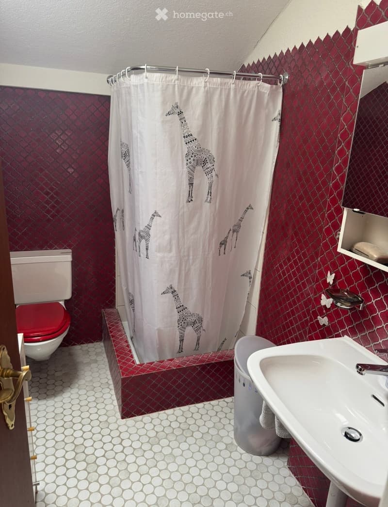 Bathroom with red patterned tiles, white shower curtain with giraffe design, toilet with red seat, and a white sink.