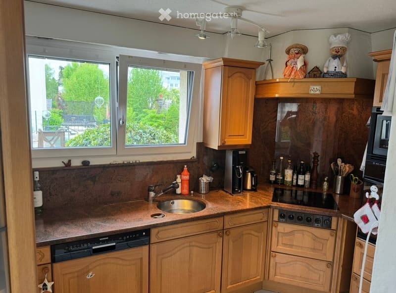 The kitchen features wooden cabinets, a stainless steel sink, a dishwasher, a coffee maker, and various kitchen utensils. The countertops are made of a dark, polished material, and there are decorative items on the cabinets, including two chef-themed doll