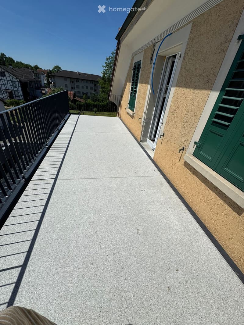 Balcony with concrete floor, metal railing, open door to building, green shutters, and view of neighboring houses and greenery.