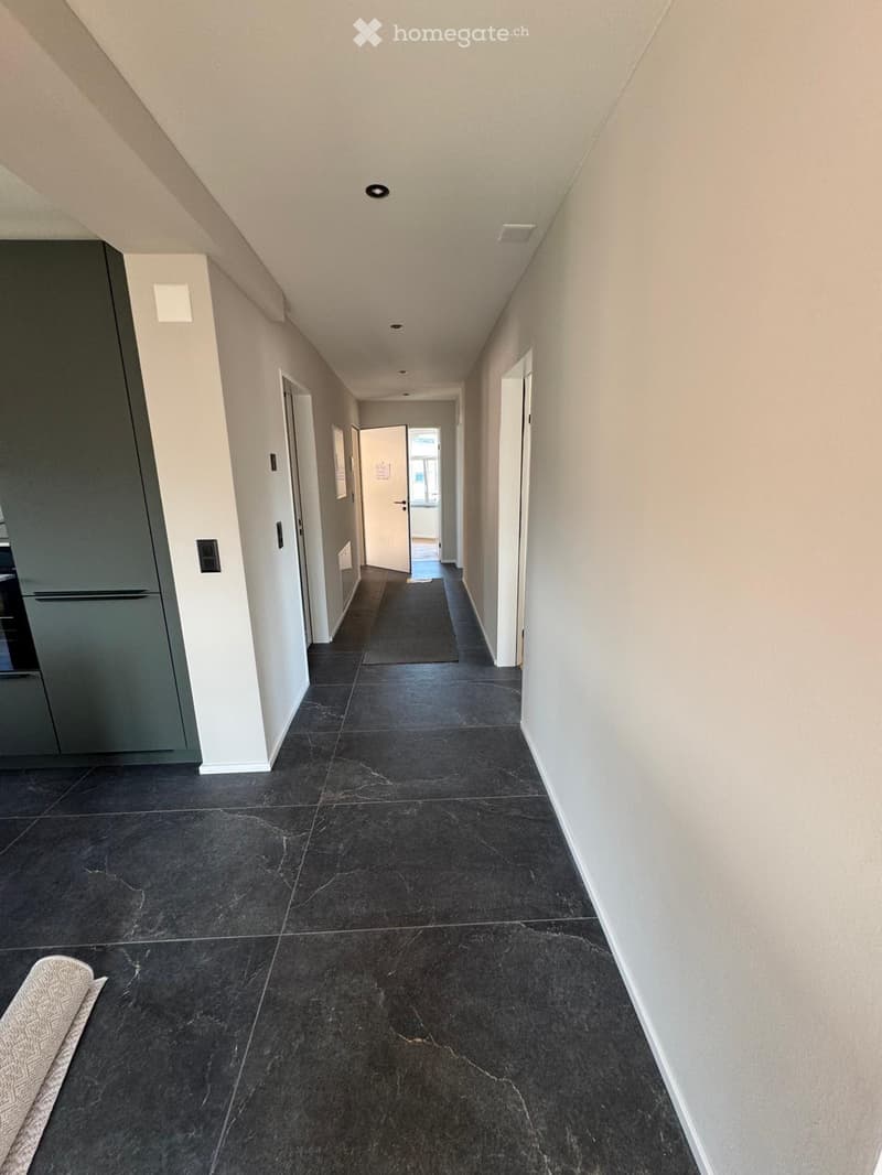 Clean, modern hallway with dark tiled flooring, white walls, and several doors leading to different rooms.