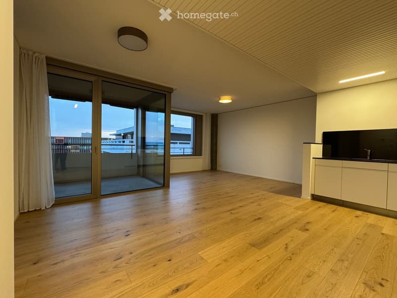 Empty room with wooden flooring, large glass sliding doors leading to a balcony, and modern lighting fixtures.