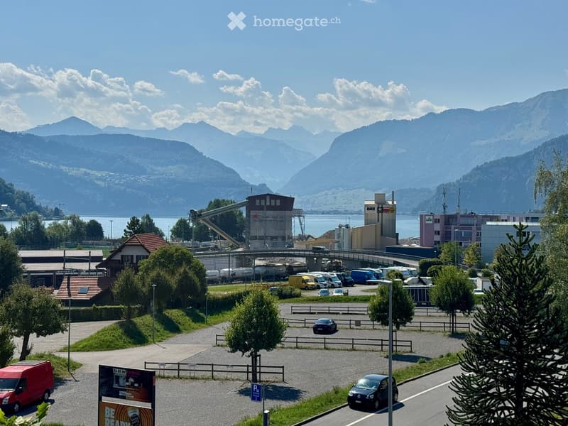 Industrial area with warehouses, parking lot, and distant mountains.