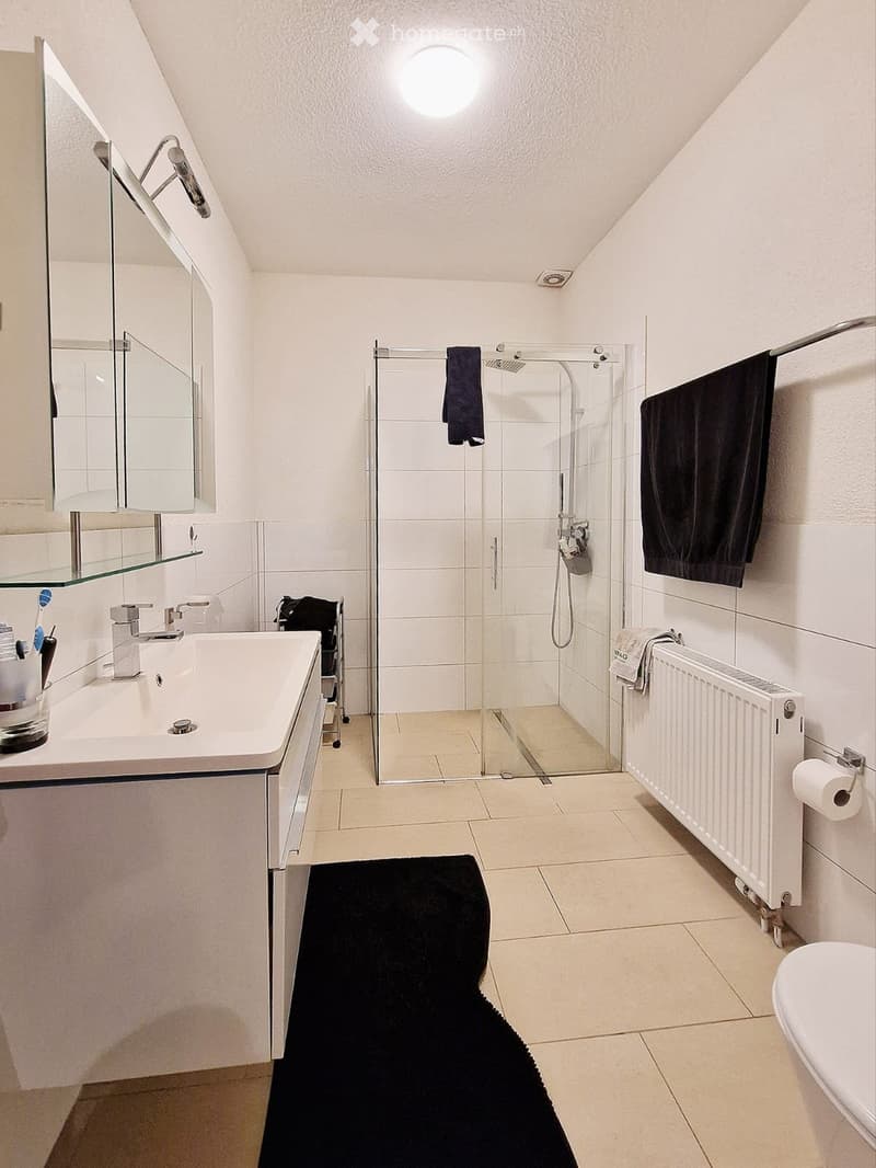 Modern bathroom with a white sink, glass shower enclosure, and a black towel on the floor.