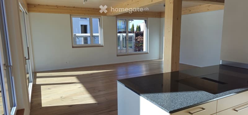 Unfurnished Room. Bright, empty room with wooden flooring, white walls, large windows, and a modern kitchen counter visible in the foreground.
