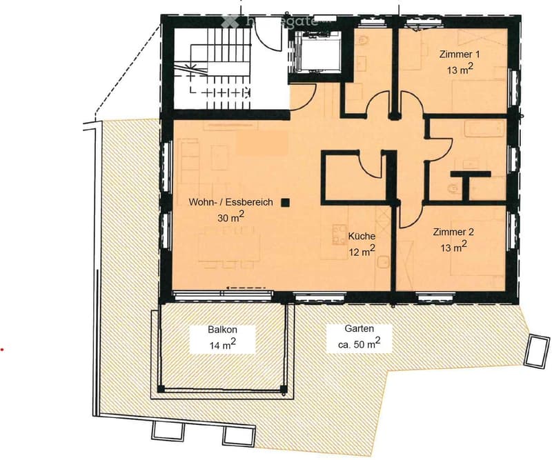 Floor Plan. Floor plan showing a living/dining area, kitchen, two bedrooms, balcony, and garden.
