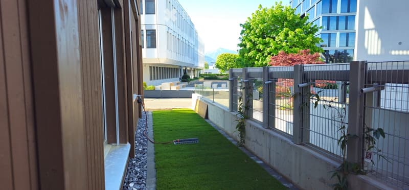 Garden / Outdoor Area. Small, enclosed garden area with artificial grass, surrounded by a metal fence and concrete walls. There are some plants near the fence and a small pathway leading to a seating area with modern furniture in the background.