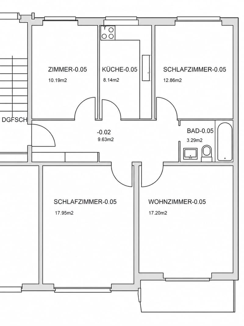 Floor plan of a 5-room apartment including two bedrooms, a living room, a kitchen, and a bathroom.