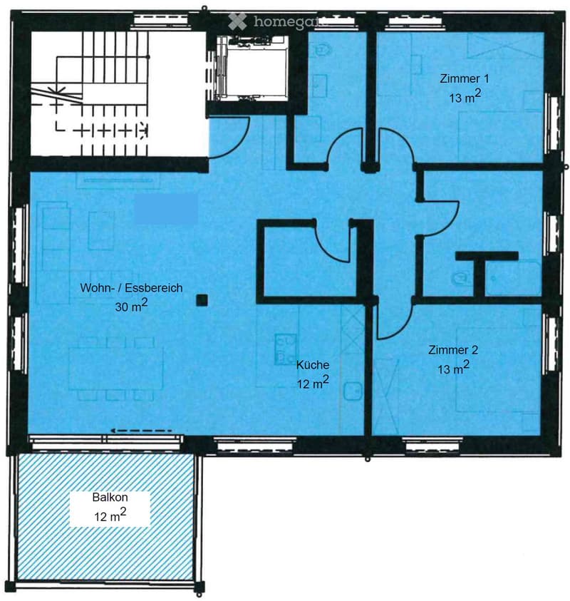 Floor plan showing a living/dining area, kitchen, two bedrooms, and a balcony.