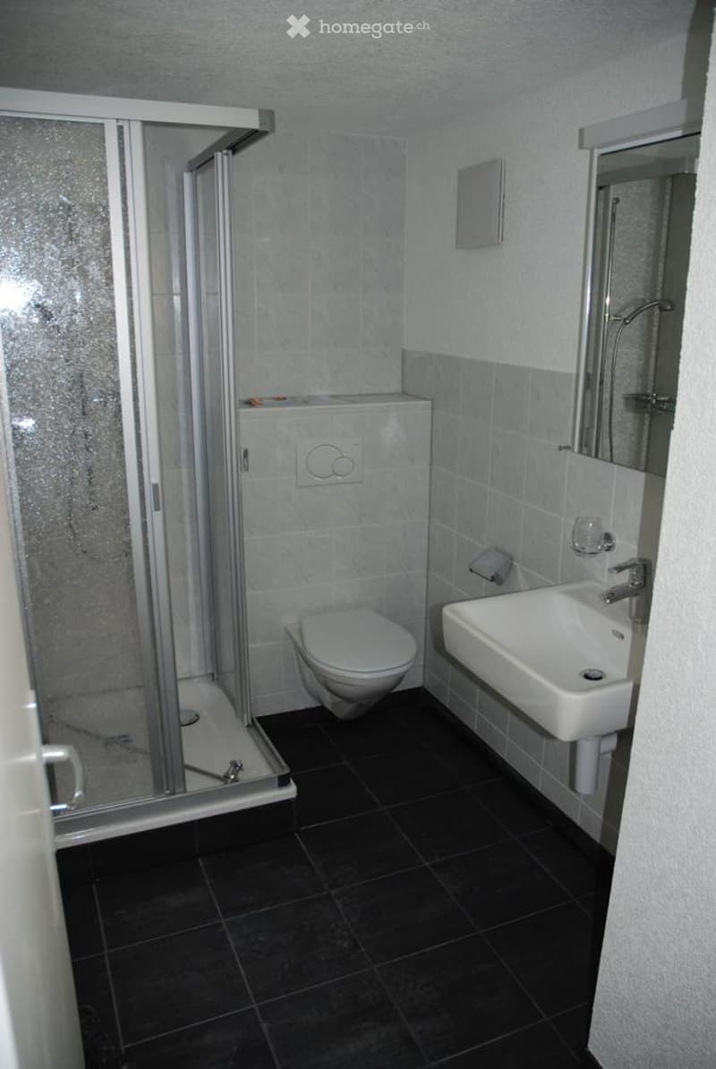 Modern bathroom with black tiled floor, white tiled walls, a toilet, a sink, and a glass-enclosed shower stall.