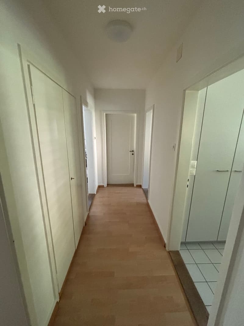 Empty hallway with wooden flooring, white walls, and several closed doors.