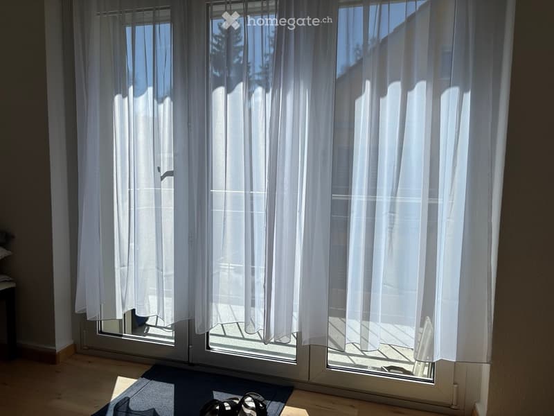 Empty room with large sliding glass door and white curtains, wooden floor, and a small rug near the door.