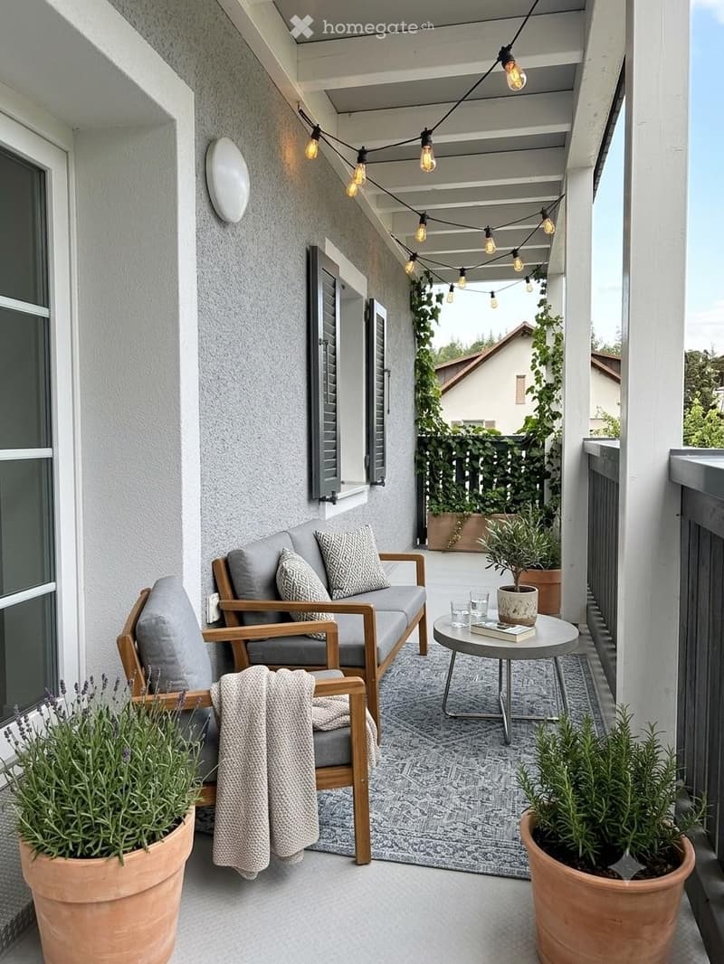 Cozy balcony with grey sofa, wooden chair, small round table, potted plants, and string lights.