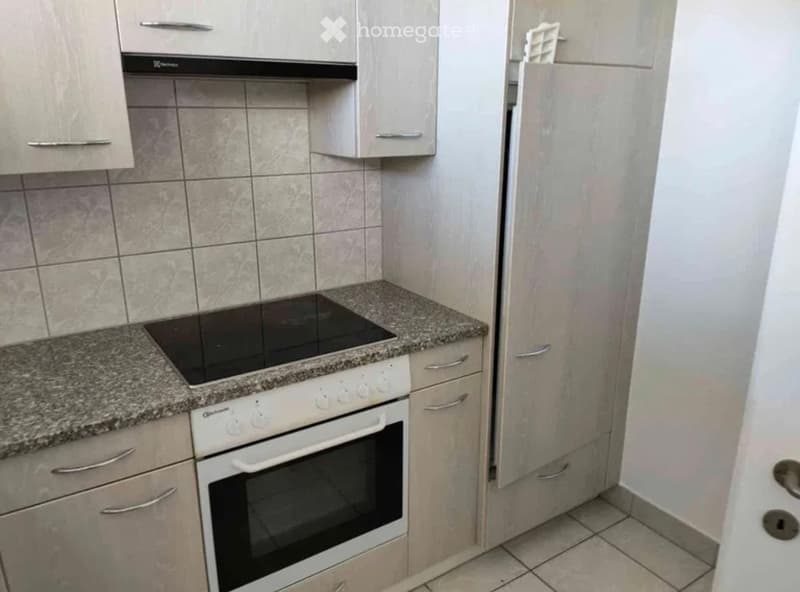 Compact kitchen with light grey cabinets, granite countertop, induction cooktop, and built-in oven.
