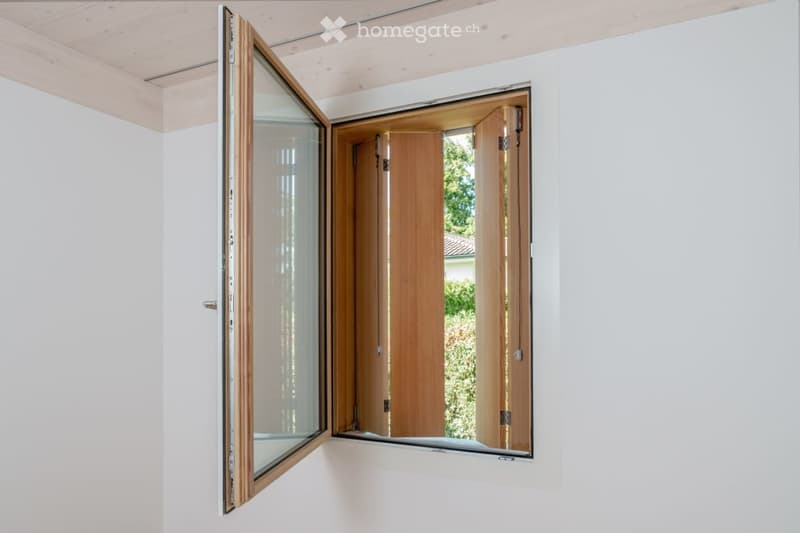 Open window, wooden frame, glass panel, garden view