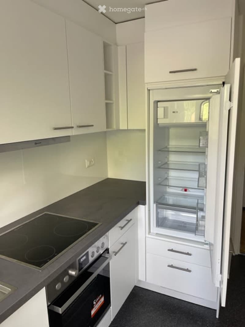modern kitchen with white cabinets, black stove, microwave, refrigerator, dishwasher