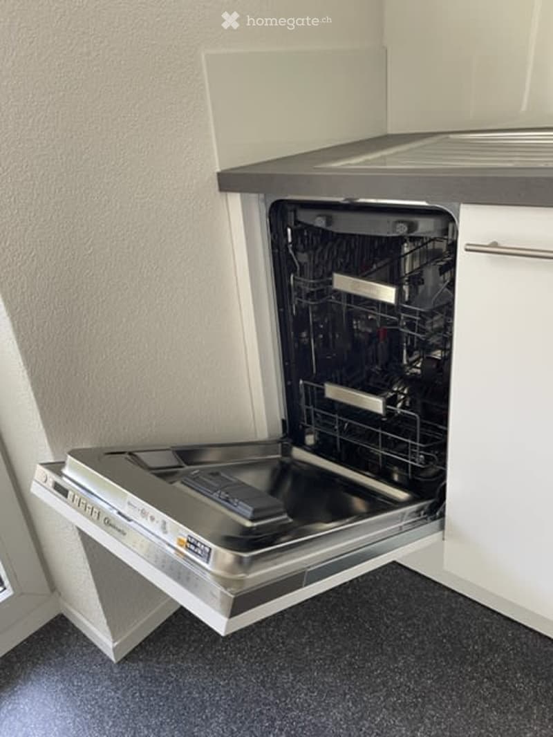 Opened dishwasher, located under kitchen counter, stainless steel body, clean utensils inside