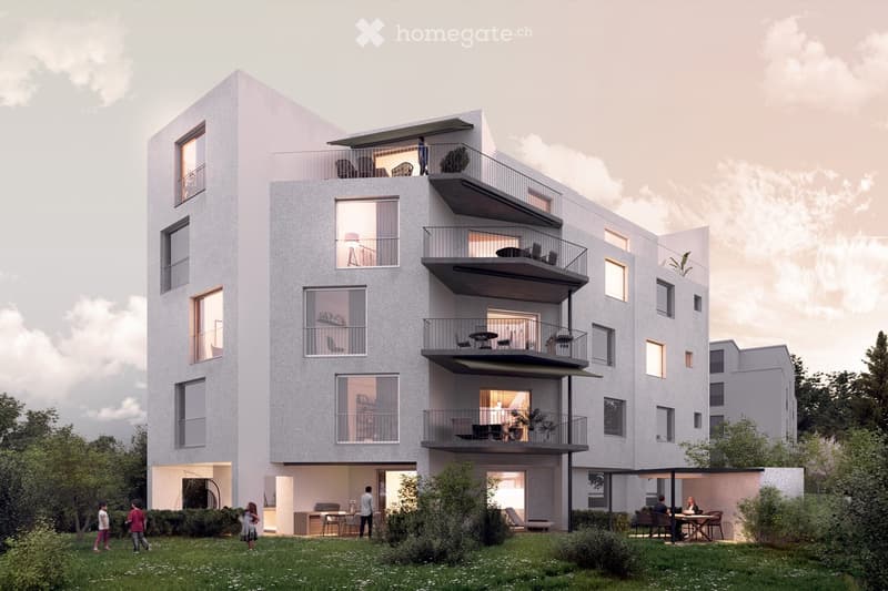 Modern multi-story residential building with balconies, large windows, and a landscaped garden area.