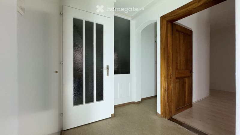 Empty hallway with white walls, beige carpet, and two doors: one white with frosted glass panels and one wooden door.
