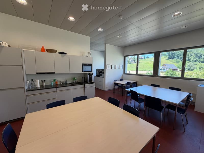 Bright, modern kitchen and dining area with white cabinets, stainless steel appliances, and large windows overlooking a green landscape. Includes multiple tables and chairs for seating.