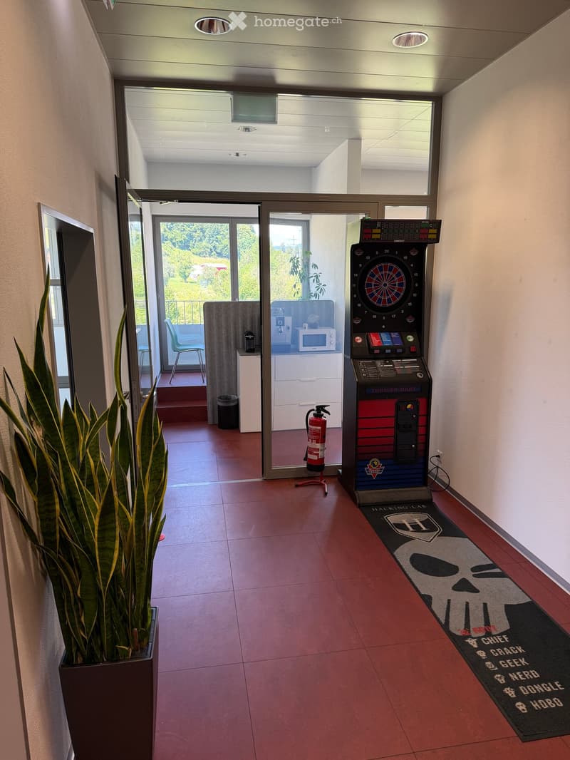 Hallway with red tiled floor, dartboard machine, potted plant, and a view of a balcony area with a microwave and chair.
