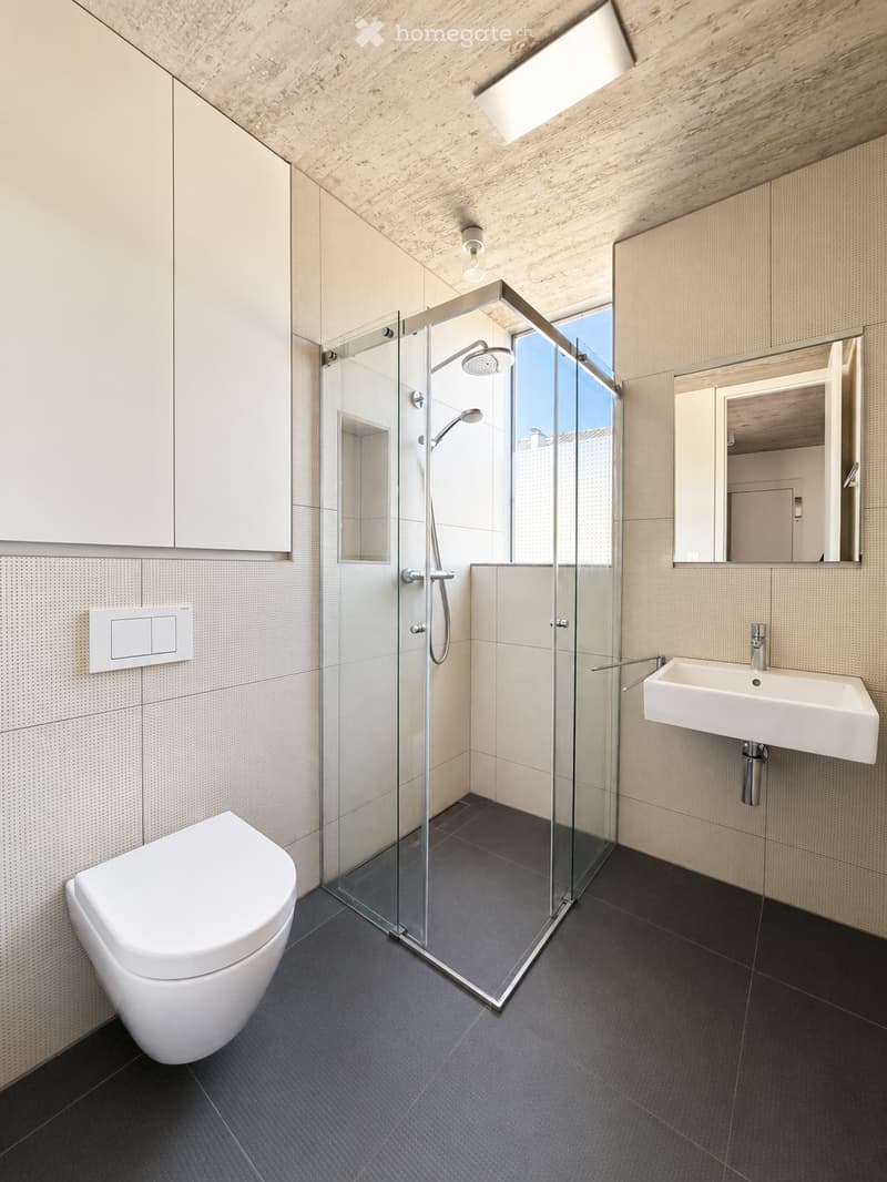 Modern bathroom with a white toilet, a white sink, a glass-enclosed shower, and a large mirror. The walls are tiled, and the ceiling is wooden.