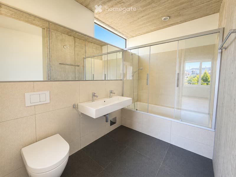 Modern bathroom with a white toilet, sink, and bathtub enclosed by a glass shower enclosure. Features a large mirror, sleek fixtures, and a skylight window.