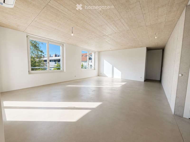 Empty room with white walls, wooden ceiling, large windows, and concrete floor. No furniture or equipment present.