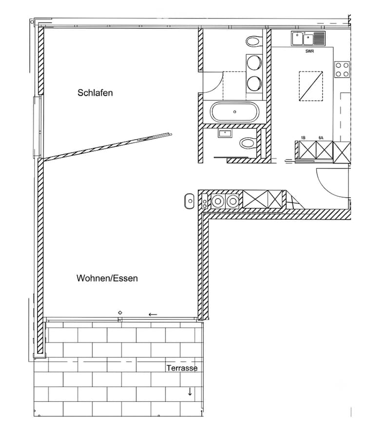 Floor plan showing a bedroom, bathroom, living/dining area, and a terrace.