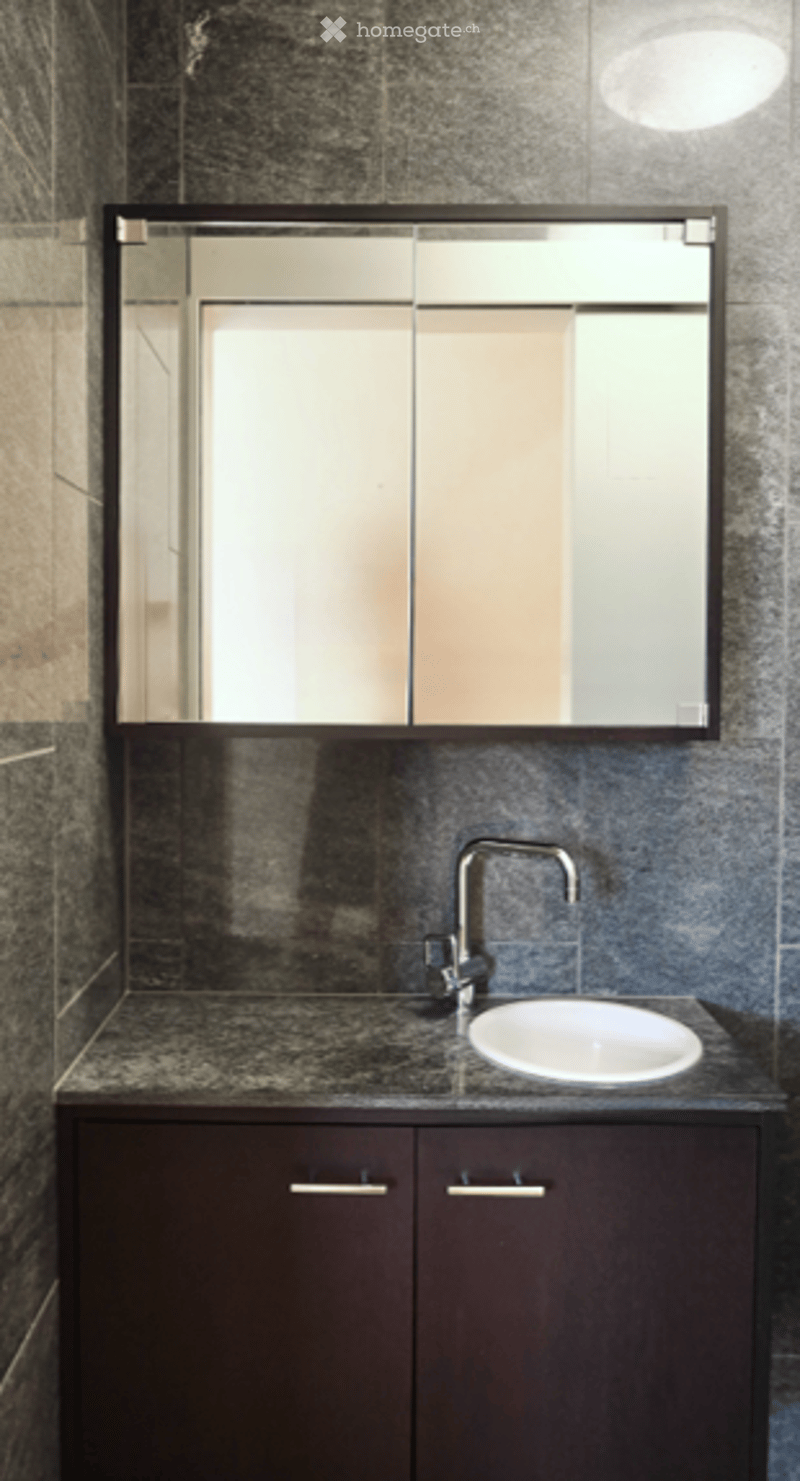 Modern bathroom with a sleek vanity, a large mirror, and a single sink with a contemporary faucet.