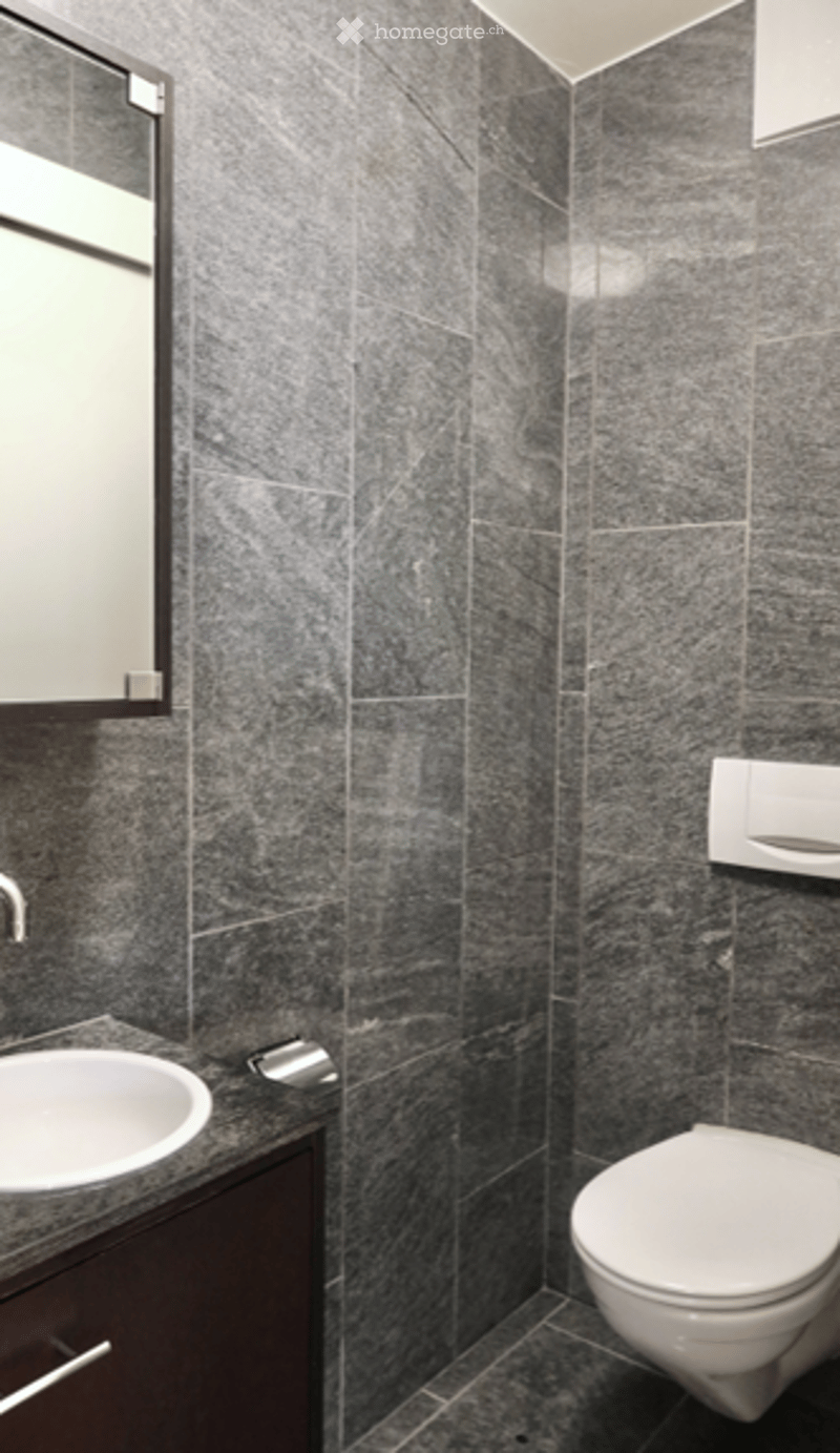 Modern bathroom with dark grey tiles, a white sink, and a toilet.