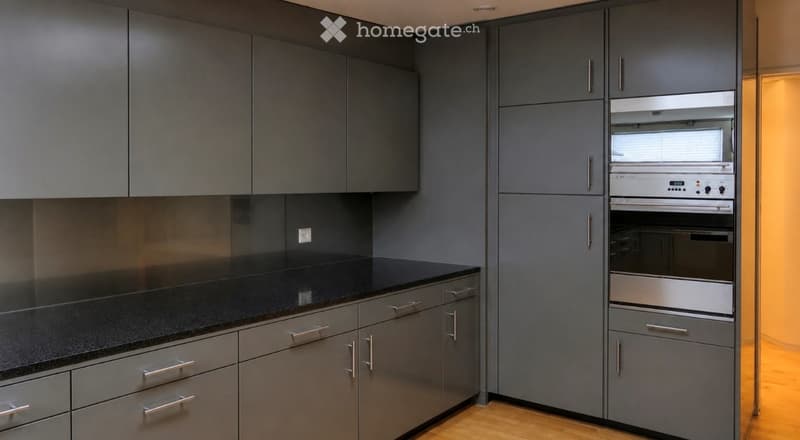 Modern kitchen with grey cabinets, black countertop, and built-in oven.