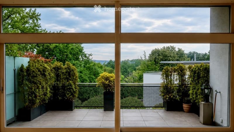 Spacious balcony with tiled floor, large windows, potted plants, and a view of a green landscape.
