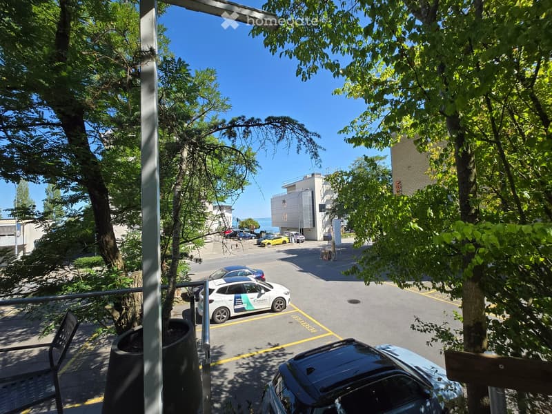 Balcony overlooking a parking lot with several cars, trees, and a view of the ocean in the background.