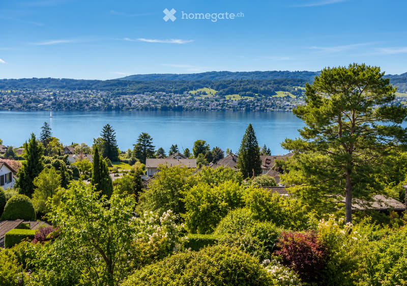 A scenic view of a lakeside town with houses, trees, and a clear blue lake surrounded by green hills and mountains.
