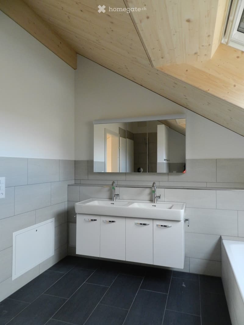 Modern bathroom with a double sink, white cabinets, and a large mirror above the sink. The room features dark tiled flooring and light grey tiled walls.