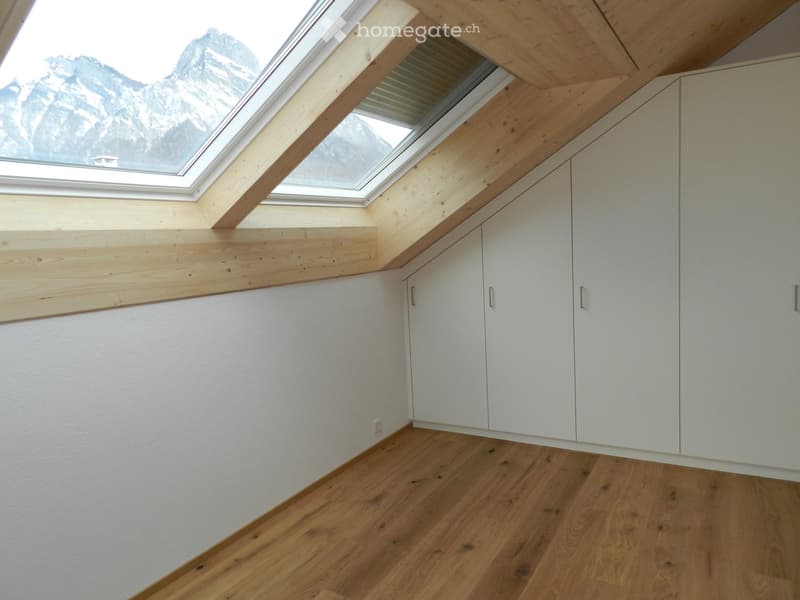 Empty room with wooden flooring, white walls, built-in white cabinets, and a skylight window offering a mountain view.