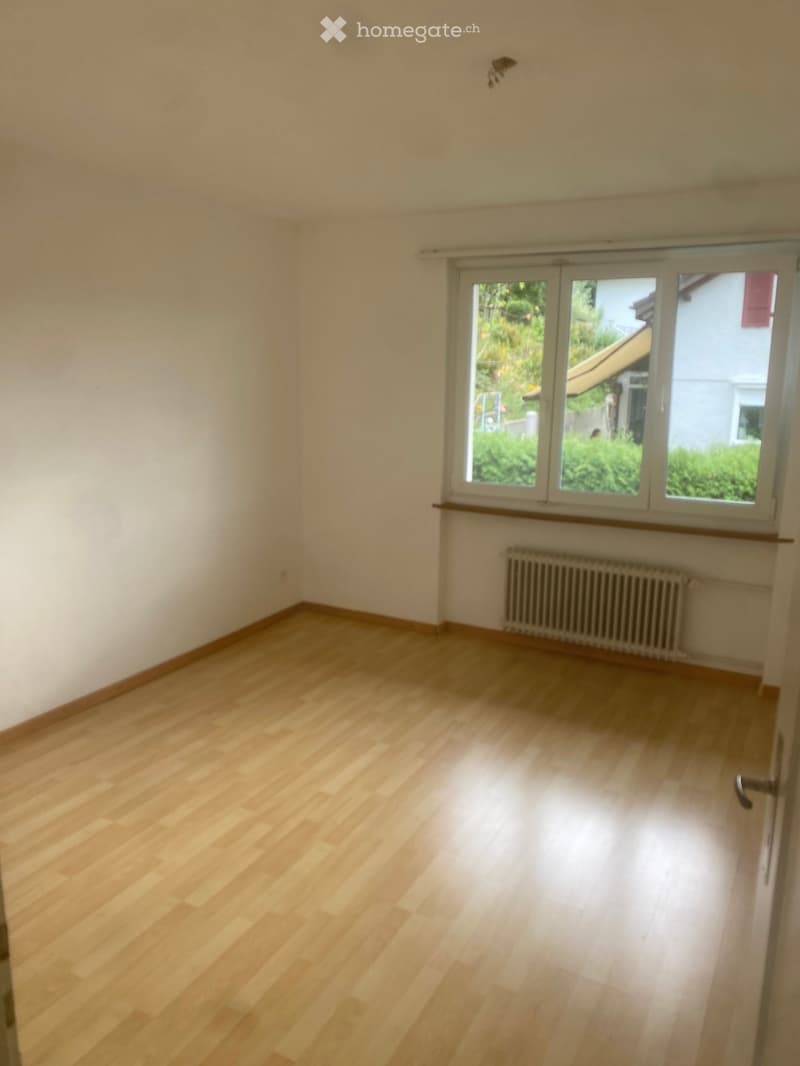 Empty room with light wooden flooring, white walls, and a large window with a view of greenery outside. A radiator is visible under the window.