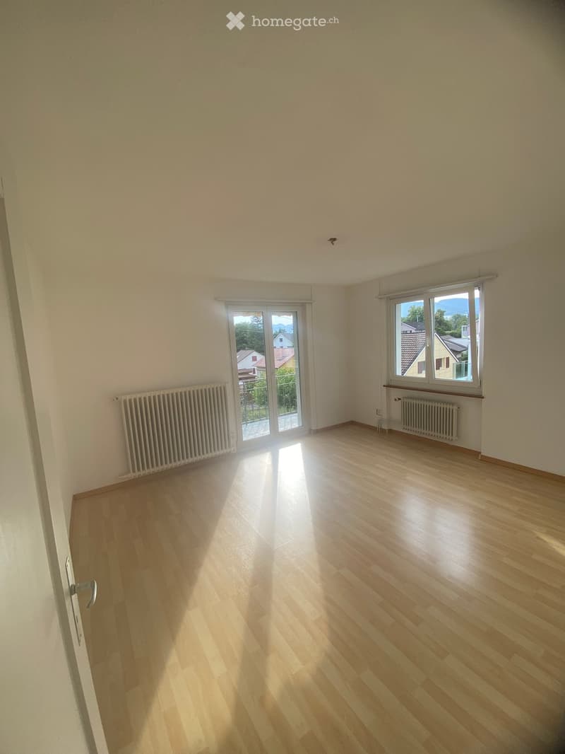 Empty room with light wooden flooring, white walls, and large windows with blinds. Radiators are visible on both sides of the room.