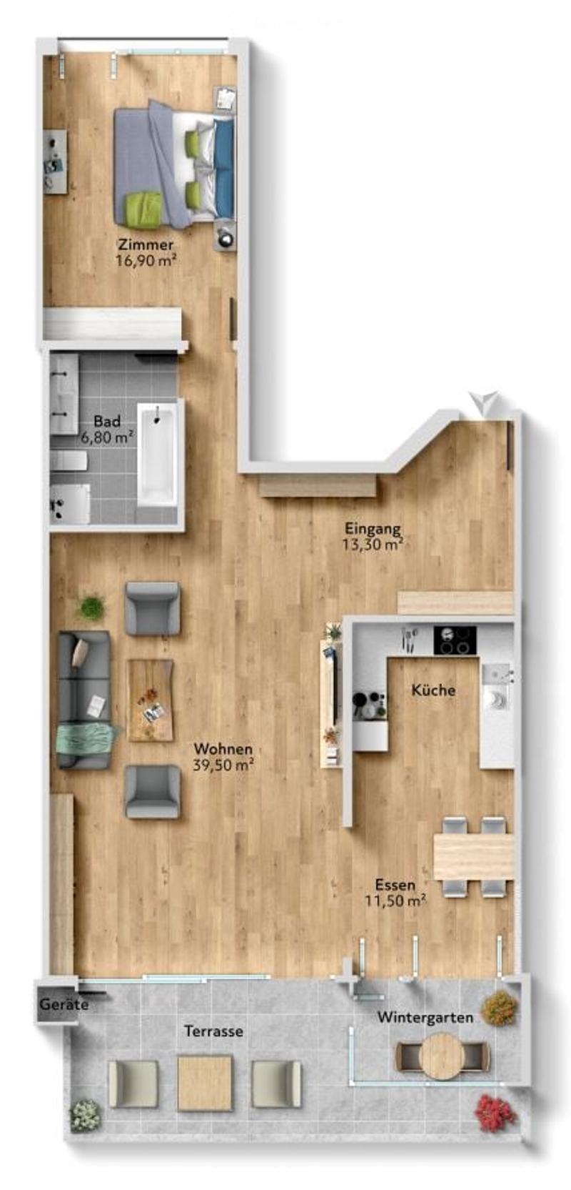 Floor plan of a modern apartment with living room, dining area, kitchen, bedroom, bathroom, and terrace.