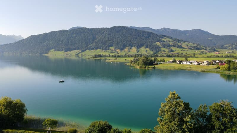 A serene lake surrounded by lush green hills and scattered houses, with a small boat on the water and trees along the shoreline.