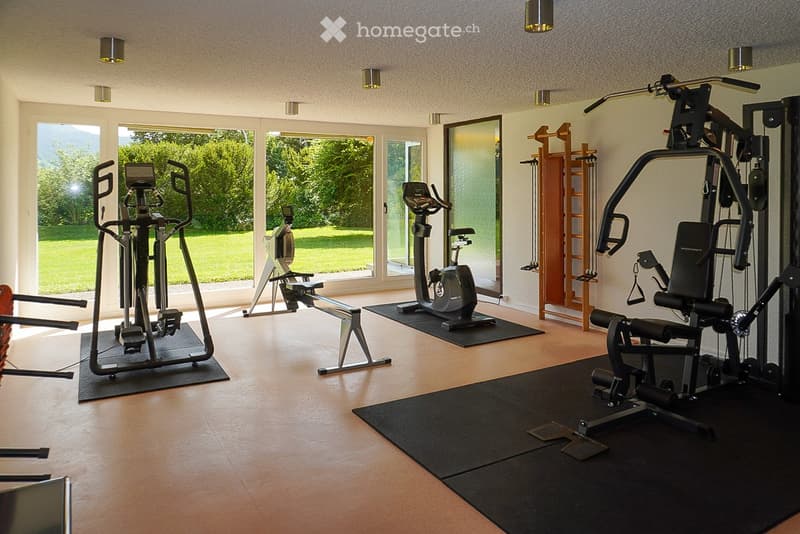 Well-lit fitness room with wooden flooring, large windows overlooking a green lawn, and various exercise machines including an elliptical trainer, treadmill, bench press, lat pulldown machine, cable machine, and a wooden ladder.