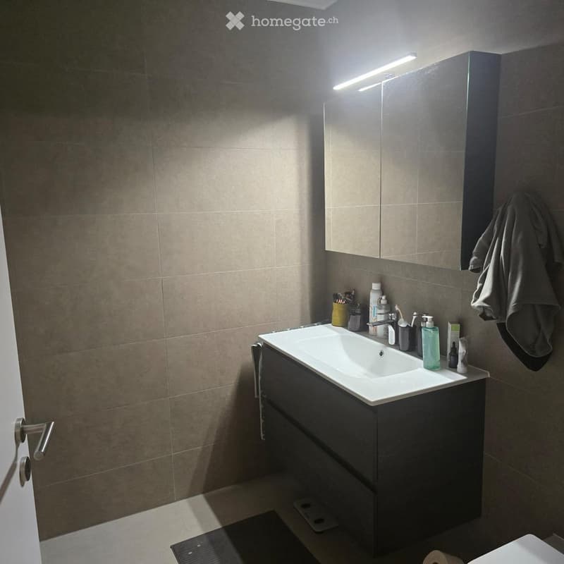 Modern bathroom with a white sink, dark vanity, large mirror with built-in lighting, and various toiletries on the counter. A towel hangs on the wall.