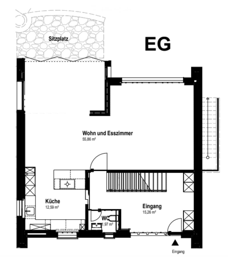 Ground floor layout showing living and dining room, kitchen, entrance, bathroom, and outdoor seating area.