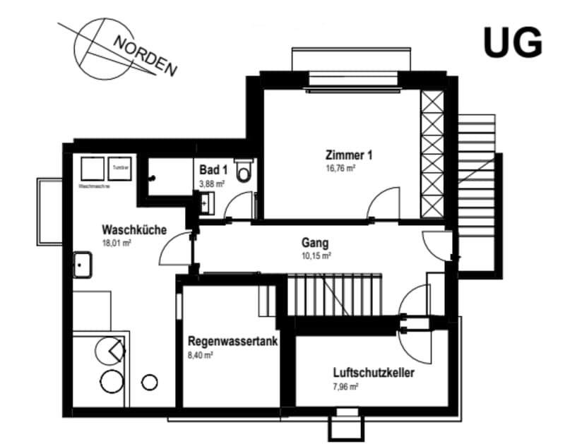 Underground floor plan showing a wash kitchen, bathroom, hallway, room, rainwater tank, and airlock cell.
